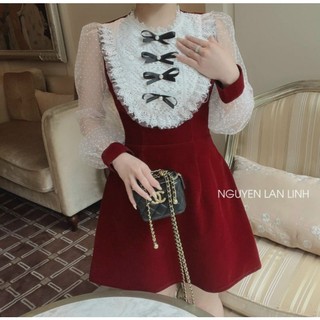 Váy đầm nhung phối ren nơ cổ.