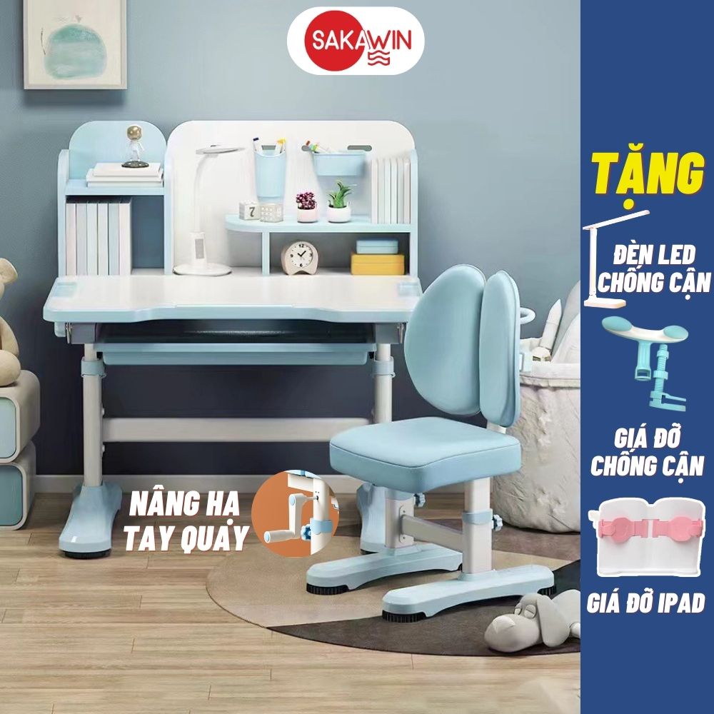 (TẶNG ĐÈN) Bộ bàn học chống gù Sakawin S50, Bàn học cho bé Nâng hạ tay quay cao cấp, Phù hợp cho bé từ 3-15 tuổi