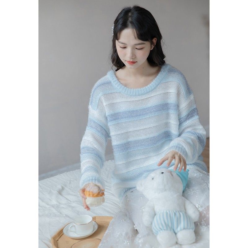 Áo Len Mỏng Dệt Kim Siêu Mỏng Tay Dài Kẻ Ngang Mềm Mại Phong Cách Hàn Quốc ❤️