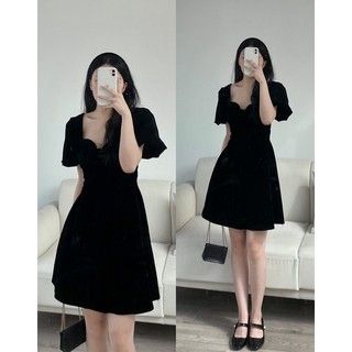 Váy nhung chữ A tay bồng kèm bờm the.sweaterweather TSW (ảnh thật)