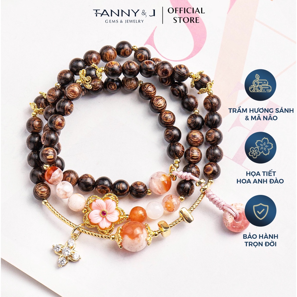Vòng Tay Trầm Hương Sánh Và Mã Não TANNY&J Charm Hoa Anh Đào Kết Hợp Đồng Mạ Vàng Bao Viền Mang Vẻ Đẹp Bí Ẩn, Tinh Tế
