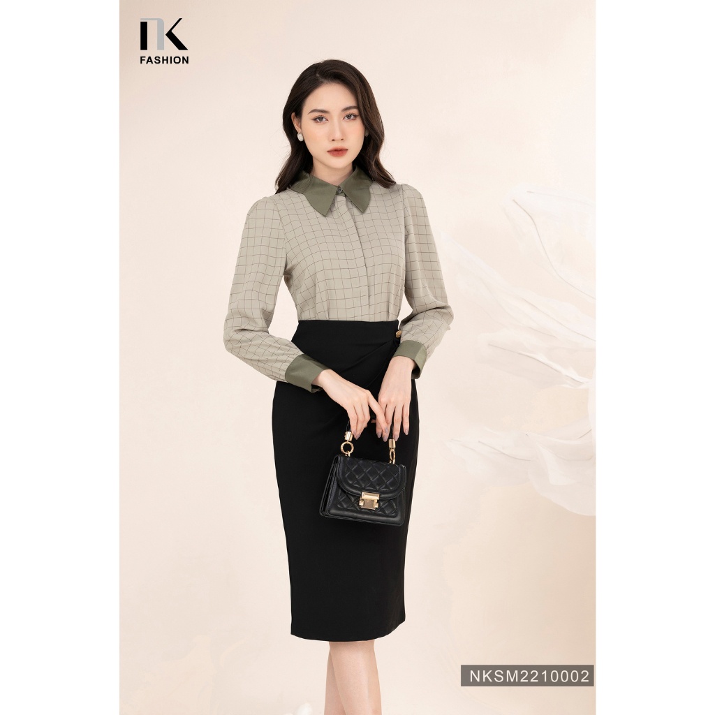 Áo Sơ Mi Nữ Công Sở Kẻ Caro Phối Cổ Tay NK Fashion Phom Dáng Vừa Vặn Chất Liệu Cao Cấp Mềm Mát NKSM2210002