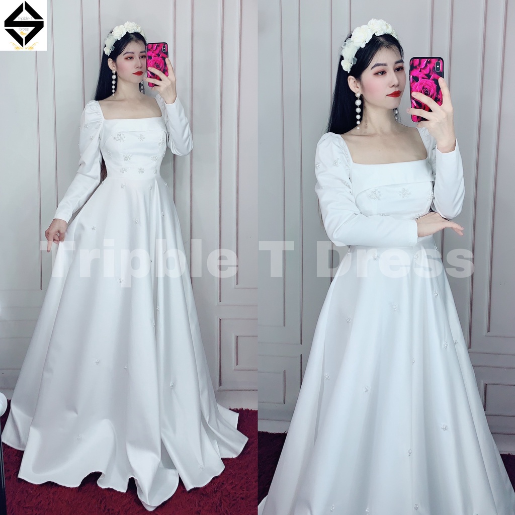 Đầm maxi mặc cưới TRIPBLE T DRESS cho dâu xinh đi bàn nhẹ nhàng đóng hạt ngọc toàn thân váy - size S/M/L - MS198Y