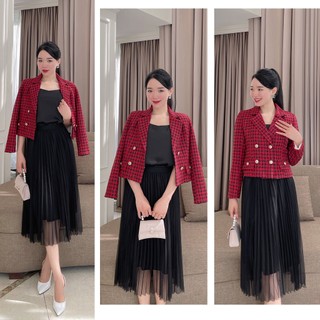 Áo dạ tweed kẻ caro cổ vest