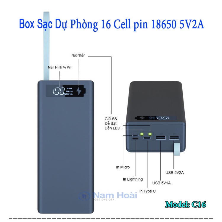 Box sạc dự phòng 16 cell C16 PD Qi sạc nhanh 22.5W và sạc không dây 15W