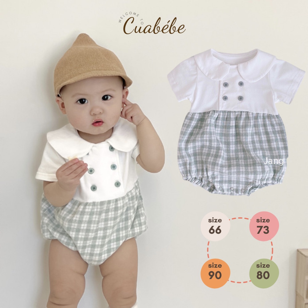 Bộ Body Chip ngắn tay cho bé đi dự tiệc, áo liền quần Ngắn Tay Cho Bé Trai thiết kế sơ mi trắng quần kẻ công tử Cuabebe