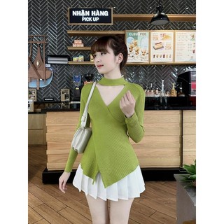 Áo len đắp chéo cổ tròn