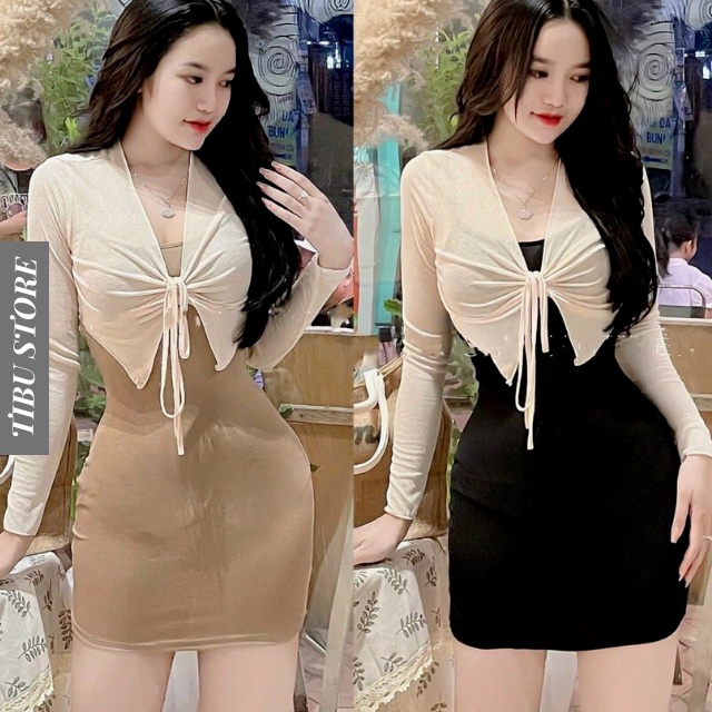 Đầm body ngắn phối khóac tay dài cánh nơ TIBU, Váy ôm dáng sexy mặc đi chơi, dự tiệc siêu xinh, tôn dáng cực đỉnh