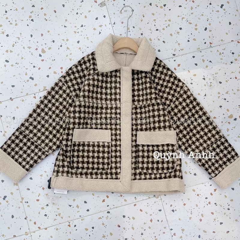 Áo khoác dạ hoạ tiết caro lót lông cừu kẻ nâu phong cách Hàn Quốc hàng quảng châu