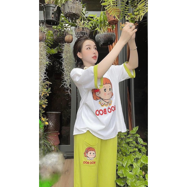 [12.12 Sales Freeship] Set bộ áo thun cô gái BOO BOO phối quần thun ống suông nhiều màu sắc, set bộ mặc đi chơi mtb