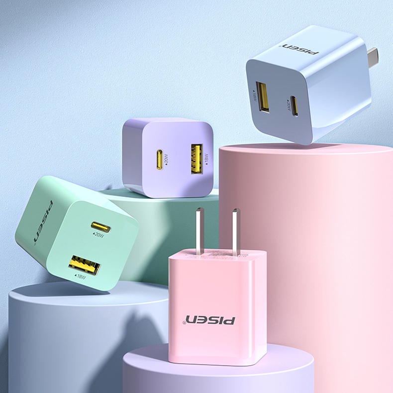 Cốc Sạc nhanh Pisen 20W 2 cổng Type-C + USB Hỗ Trợ sạc nhanh PD 20W , QC 3.0 cho Điện thoại ( DM813CN )