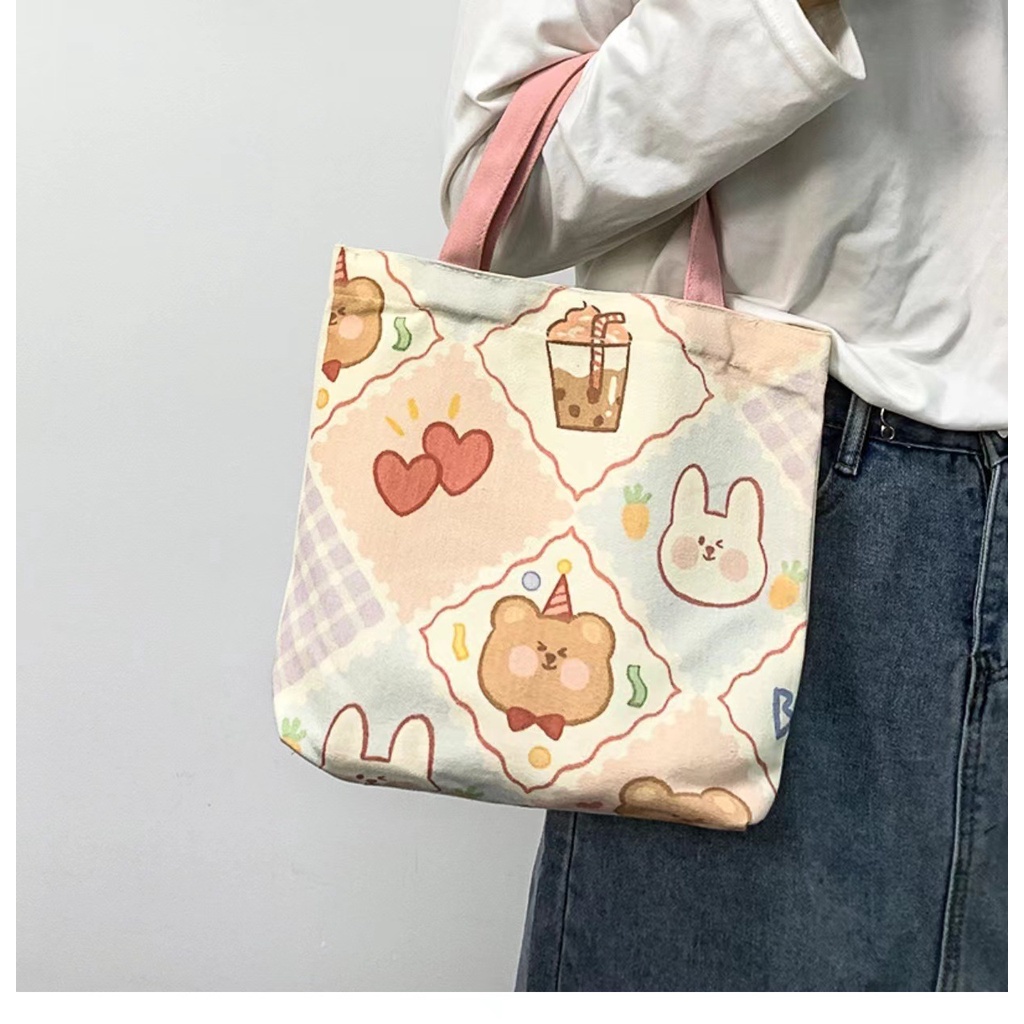 Túi Xách Vải Canvas Cỡ Nhỏ In Hoạt Hình Gấu Đáng Yêu