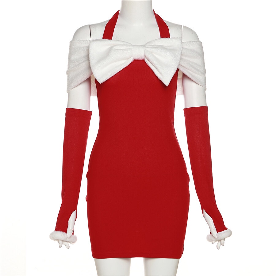 Đầm WEIRD PUSS mini ôm dáng thiết kế hở vai đính nơ phong cách Giáng Sinh năm mới thời trang dành cho nữ