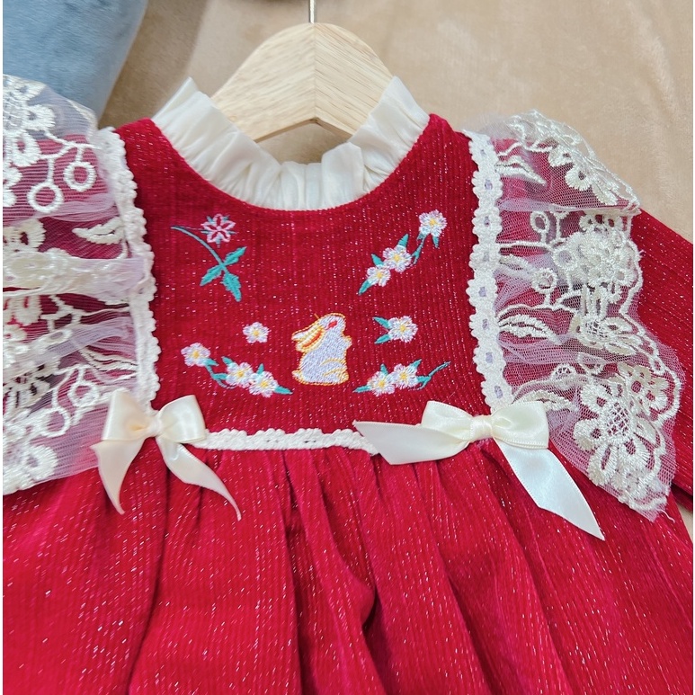 Váy Nhung Nhũ Cho Bé Gái WOWKIDS Lót Bồng Thêu Hoa Phối Ren Cánh Tiên Cho Bé Từ 8-14kg