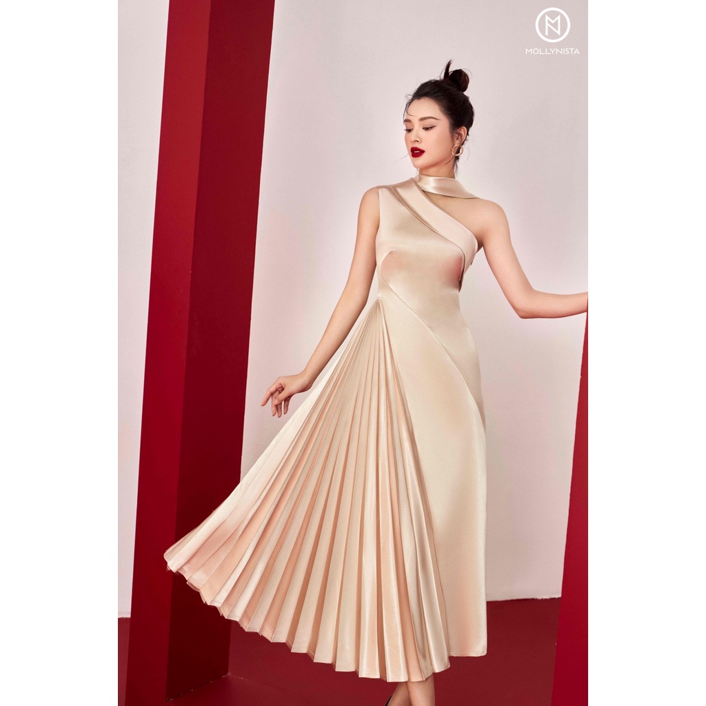 MOLLYNISTA - Đầm lụa chéo vai dập ly thanh lịch nữ tính thiết kế cao cấp tôn dáng
