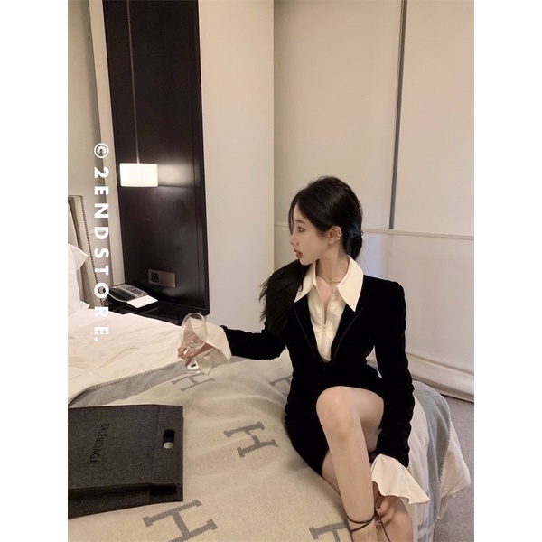 2END Váy nhung burdanh phối cổ sơ mi