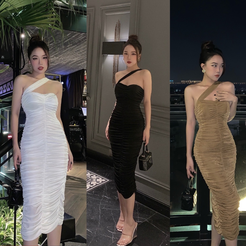 Váy body chun nhúm thân dây chéo ngực