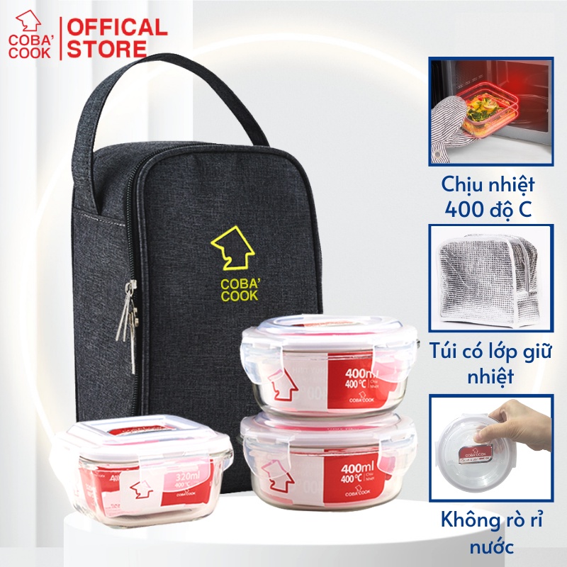 Bộ hộp thủy tinh đựng thực phẩm COBA'COOK chịu nhiệt: 2 hộp tròn 400ml và 1 hộp vuông 320ml+1 túi giữ nhiệt