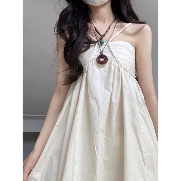 Đầm dáng dài babydoll cổ yếm phong cách retro Pháp 2022