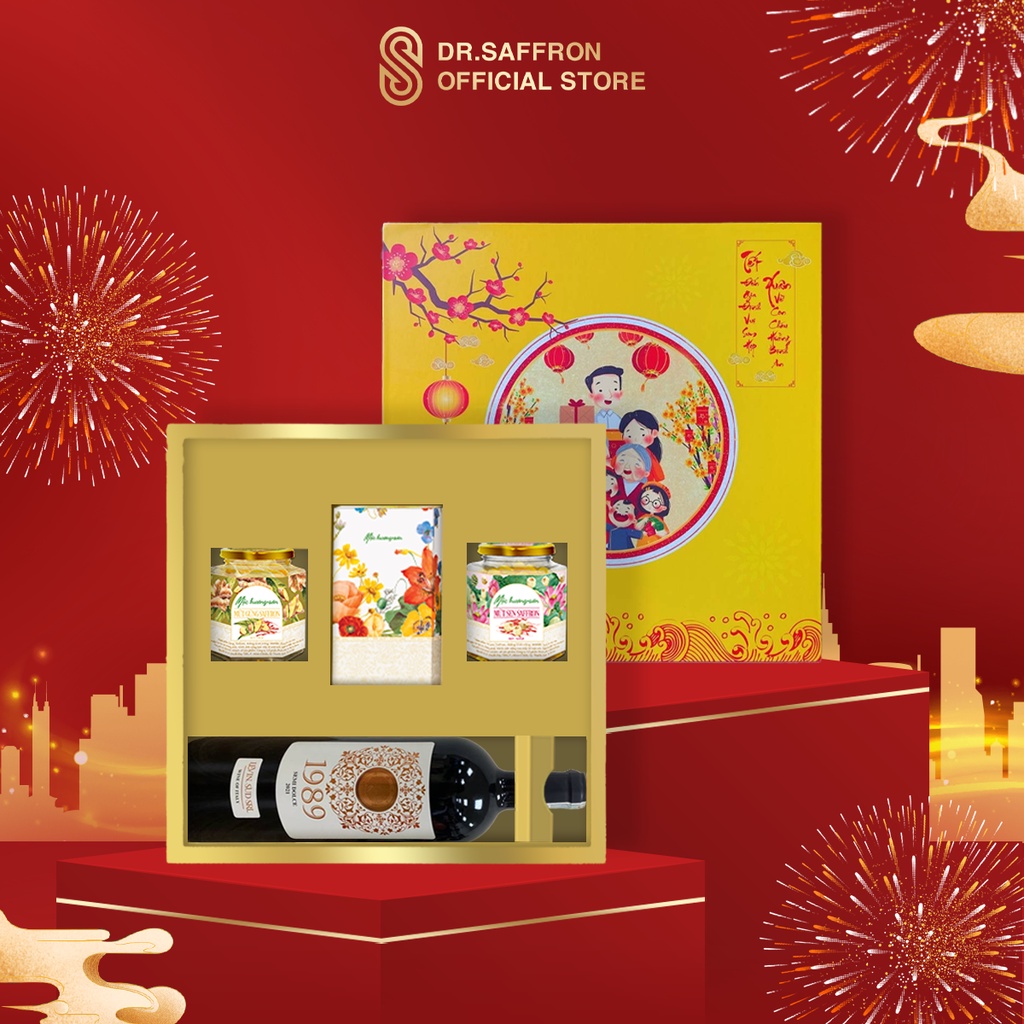 Hộp quà tặng 2023 Saffron Jahan gồm chai vang và các loại mứt saffron