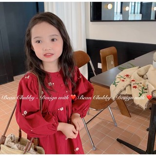Váy đỏ thô hoa bé gái 1-10y