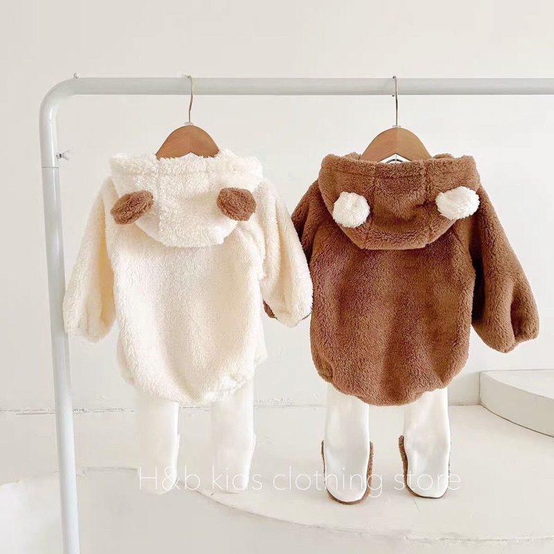 Body lông liền mũ dài tay kèm tất quần lông liền tất mùa đông xho bé -body thu đông lông cừu sơ sinh ấm - áo quần trẻ em