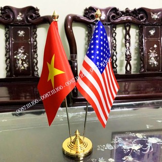 Cờ để bàn đế mạ vàng cán thép loại cắm 2 cờ các nước tùy chọn