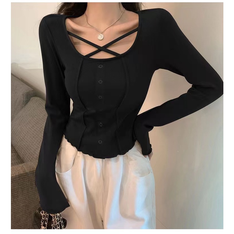 Áo kiểu ZHELIHANGFEI tay dài cổ phối dây đan chéo thời trang trẻ trung