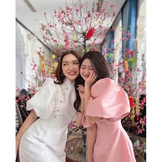 Đầm tàu đính nút đá đỏ tay phồng