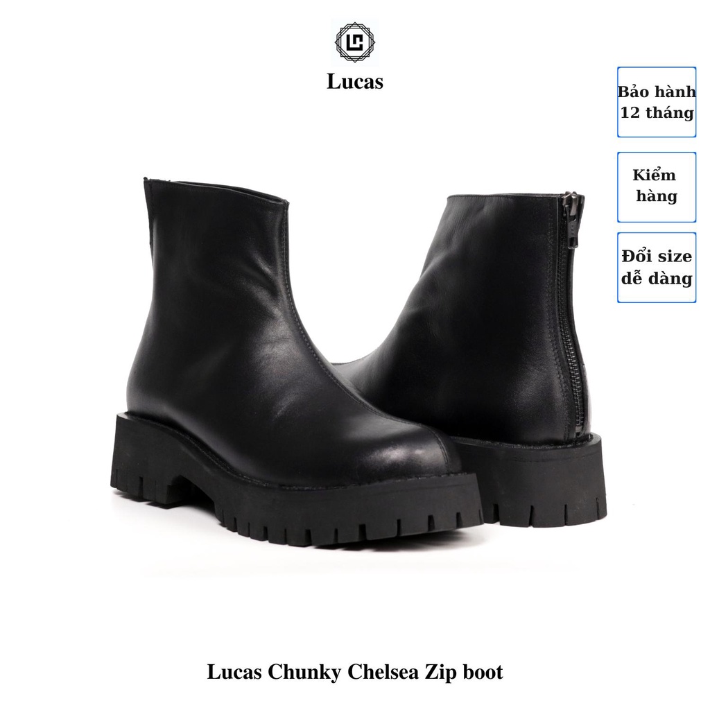 Giày boots nam da bò Lucas Chunky Chelsea Boots Zip da bò Nappa đế cao 4.5 cm, Lucas Shoes bảo hành 1 năm