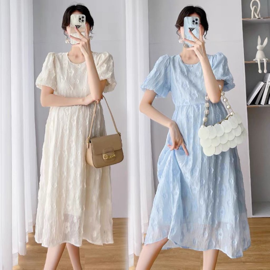Váy bầu babydoll đầm bầu công sở chất liệu voan sốp 2 lốp siêu xinh họa tiết hoa 2 màu xanh trắng
