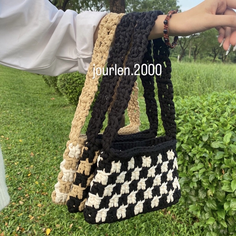CHECKERED BAG, TÚI CARO LEN MÓC SỢI VẢI MẪU MỚI