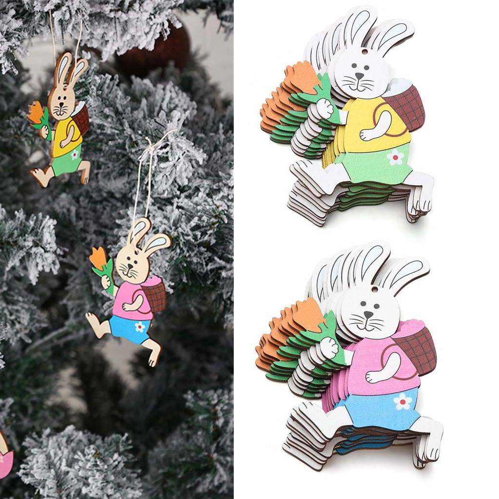 LONTIME Set 10 Phụ Kiện Treo Trang Trí Bằng Gỗ Hình Thỏ Phục Sinh DIY