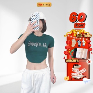 Áo croptop nữ FM Style tay ngắn cổ tròn lai bầu in chữ chất thun co giãn mềm thời trang cá tính Hàn Quốc 22110636