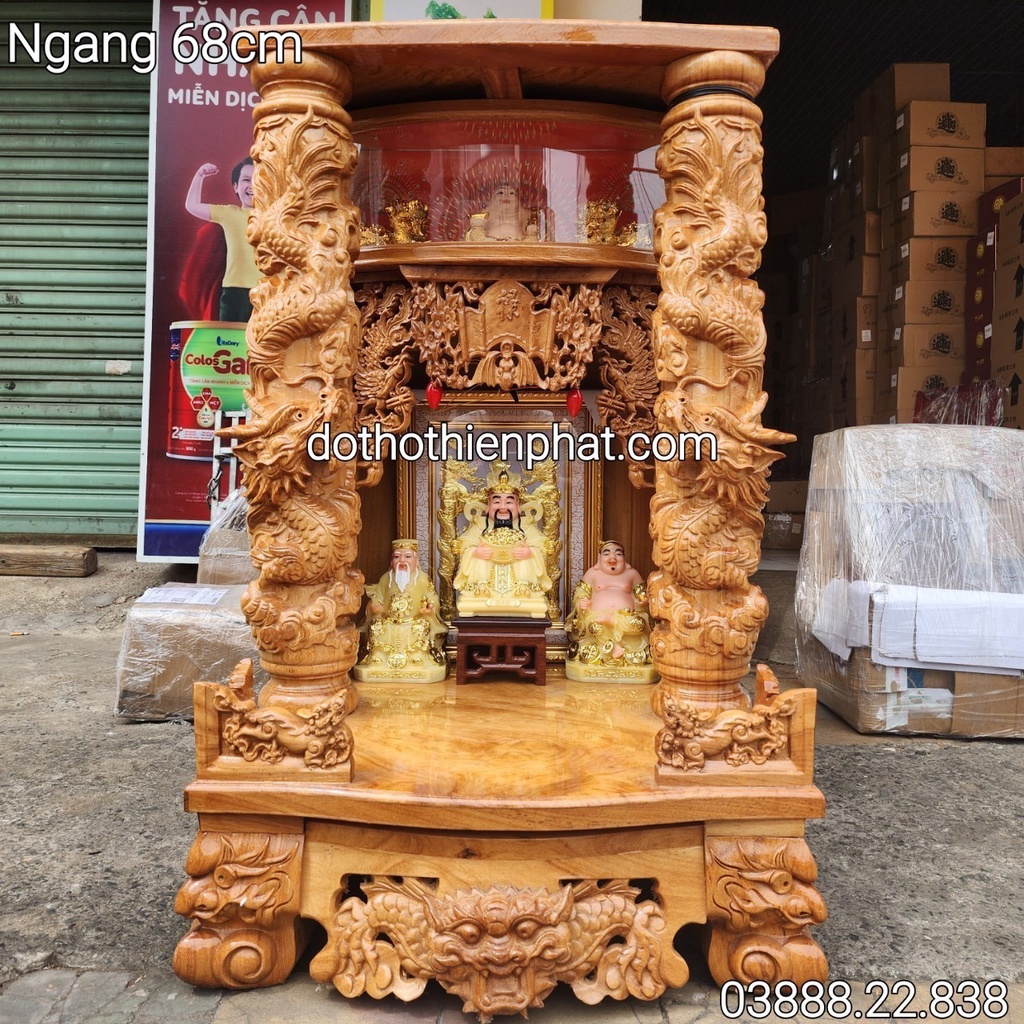 Bàn thờ thần tài ông địa gỗ gõ đỏ ngang 68cm điện tử VIP cột 14