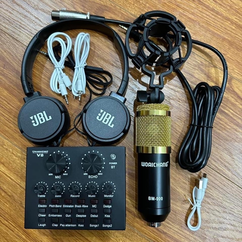combo míc hát livestream thu âm karaoke online micro BM900 card v8
