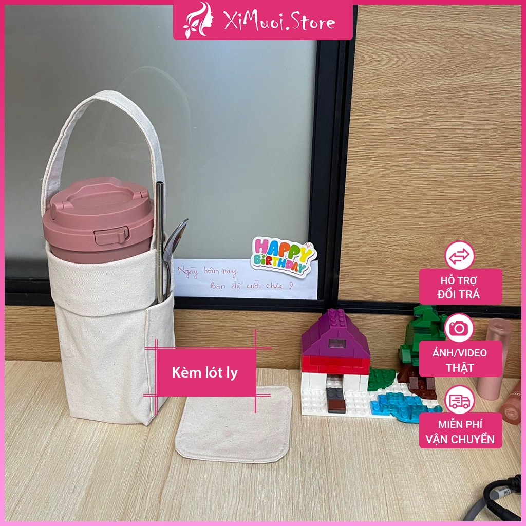 Túi vải Canvas đựng bình nước kèm lót ly, túi đựng bình giữ nhiệt 500ml handmade tự thiết kế