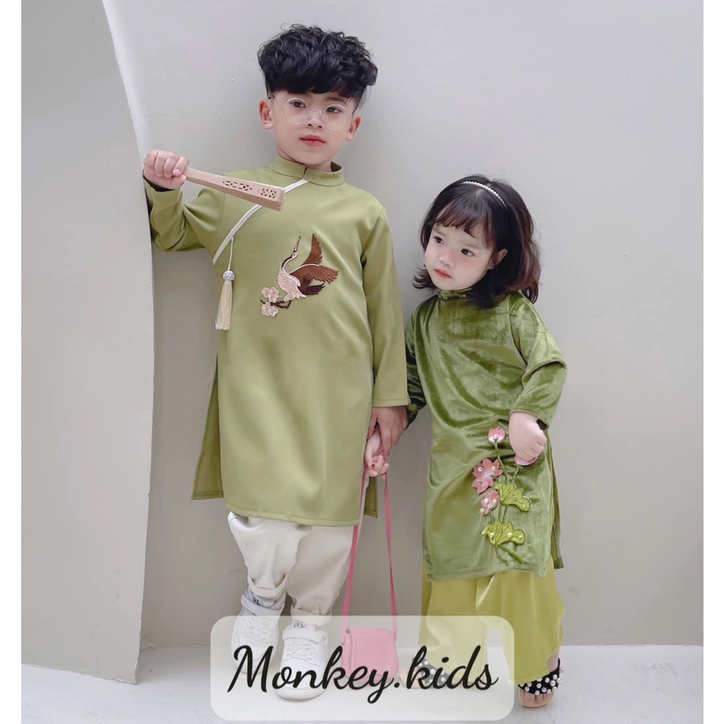 Áo dài bé trai hoàng hạc áo dài cách tân trẻ em chất liệu nhung cheo thêu hạc đủ size 2-9