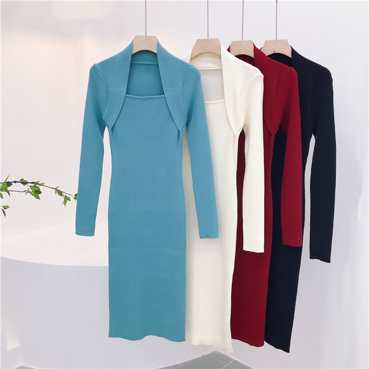 Đầm Sweater Dệt Kim Tay Dài Cổ Vuông Co Giãn Xẻ Tà Kiểu Vintage Pháp Thời Trang Mùa Thu 6 Màu Tùy Chọn