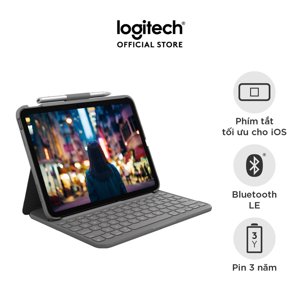 [Mã LOGITRYJG] Bao da kèm phím Logitech Slim Folio dành cho iPad Gen 10 (10.9 inch) - Bluetooth, Pin 3 năm