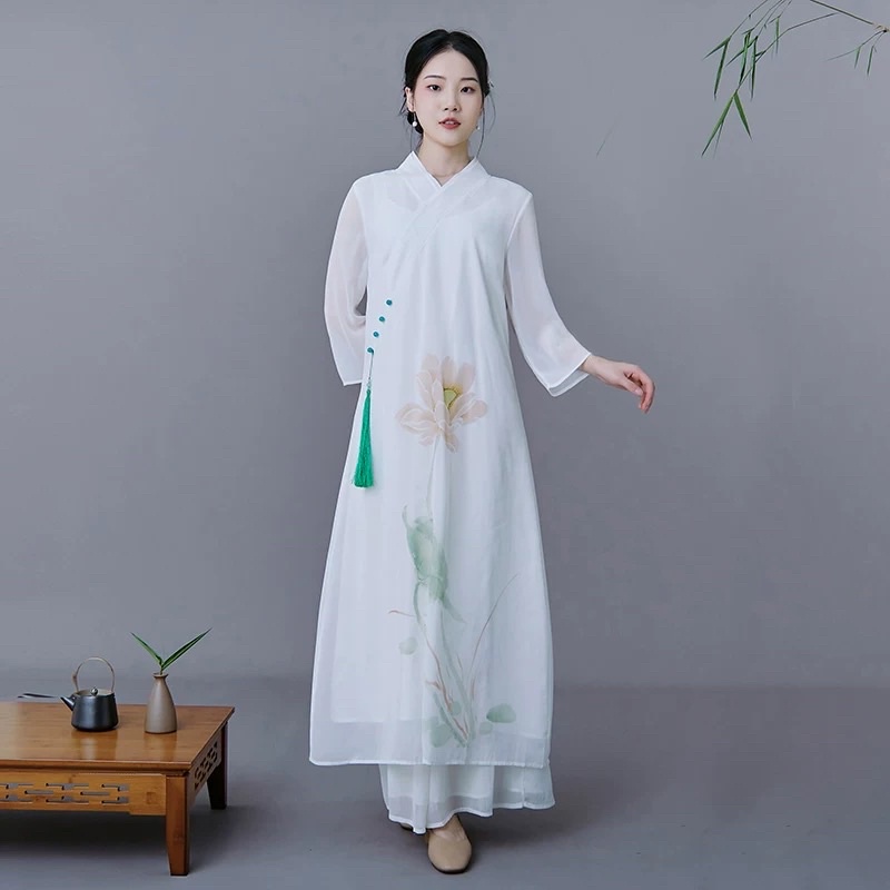 Áo dài sườn xám kiểu cổ trang trung hoa trung quốc hán phục đi lễ chùa ngồi thiền bàn trà spa