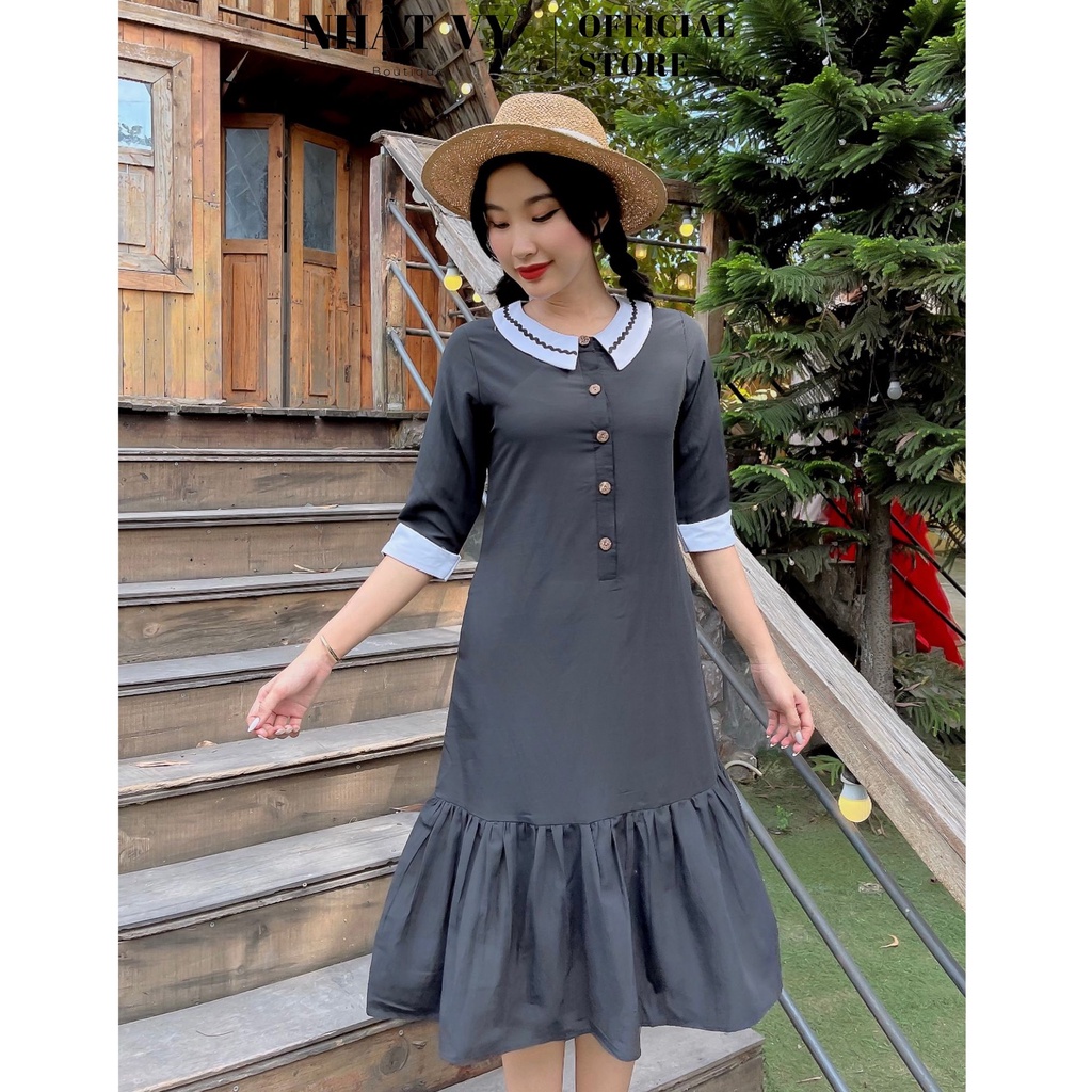 Đầm Nữ NHẬT VY Suông Cổ Viền Cúc Gỗ Chât Linen Màu Cam, Xanh, Đen - D2197