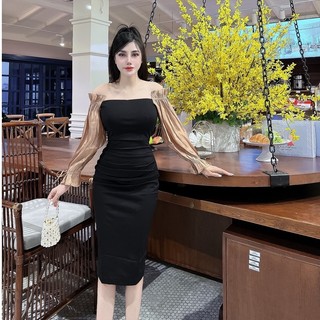 Đầm body dự tiệc trễ vai váy nữ dáng ôm xếp ly eo siêu tôn dang VNT07