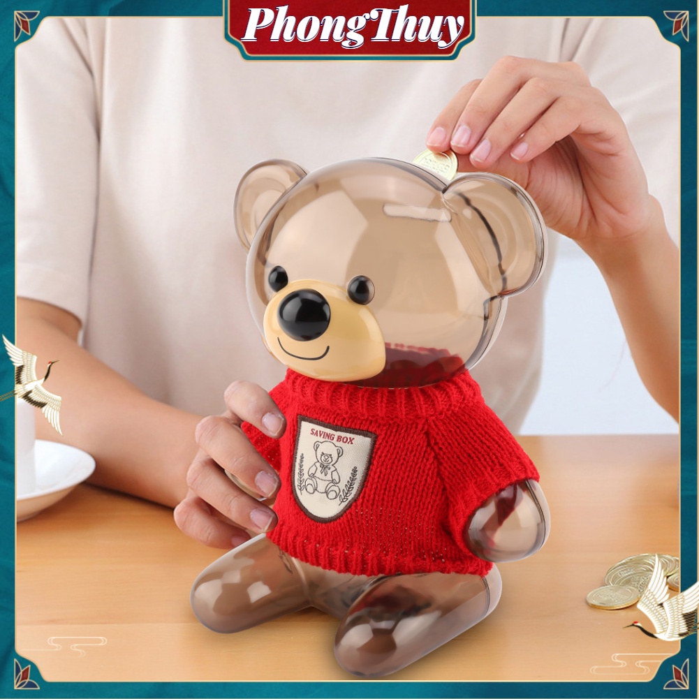 Ống Heo Đất - Ống Đựng Tiền Tiết Kiệm Hoạt Hình Gấu Dễ Thương Nhựa Trong Suốt Cho Bé【PhongThuy】