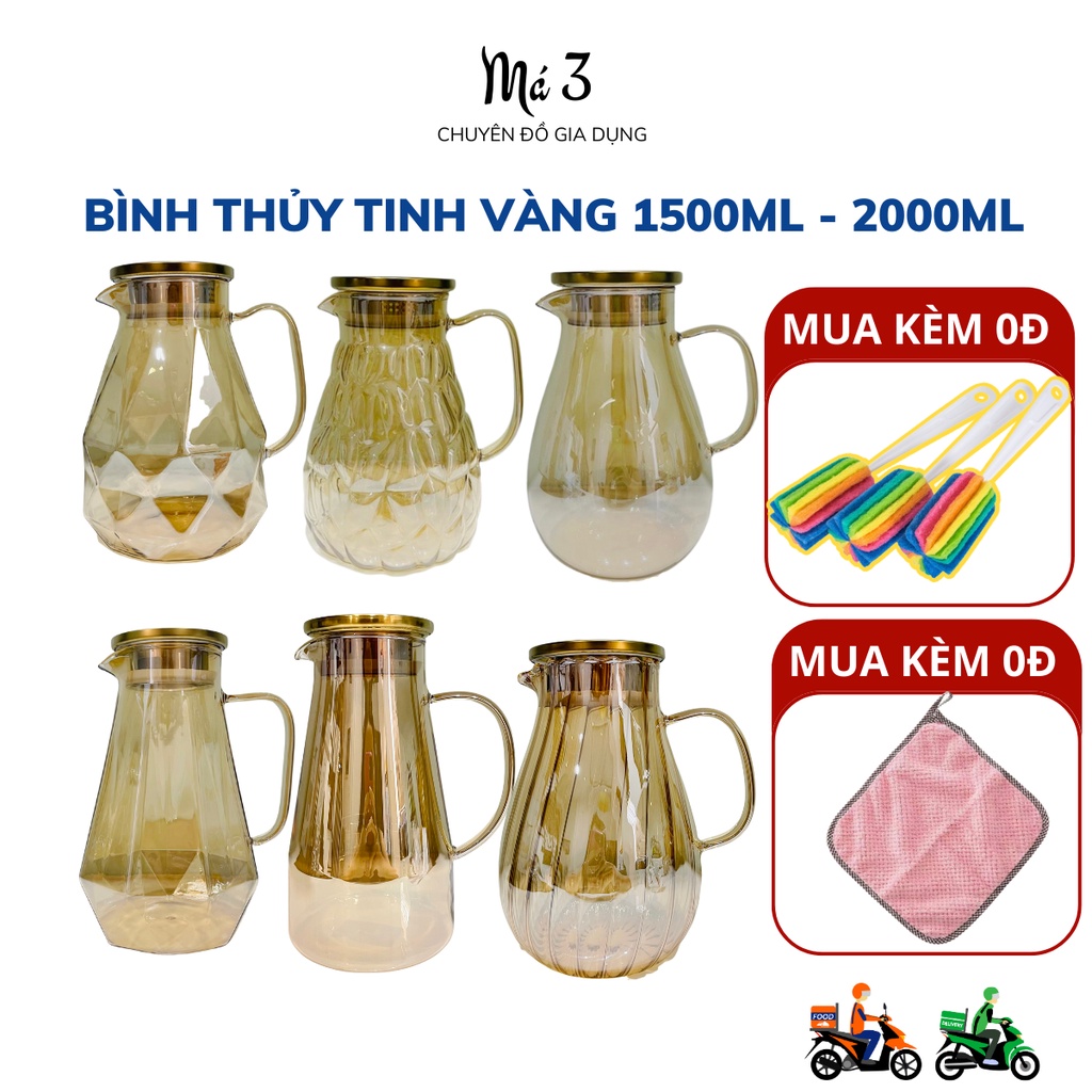 Bình nước thủy tinh chịu nhiệt màu vàng 1500ml, Bình thủy tinh đựng nước 1700ml, 2 lít