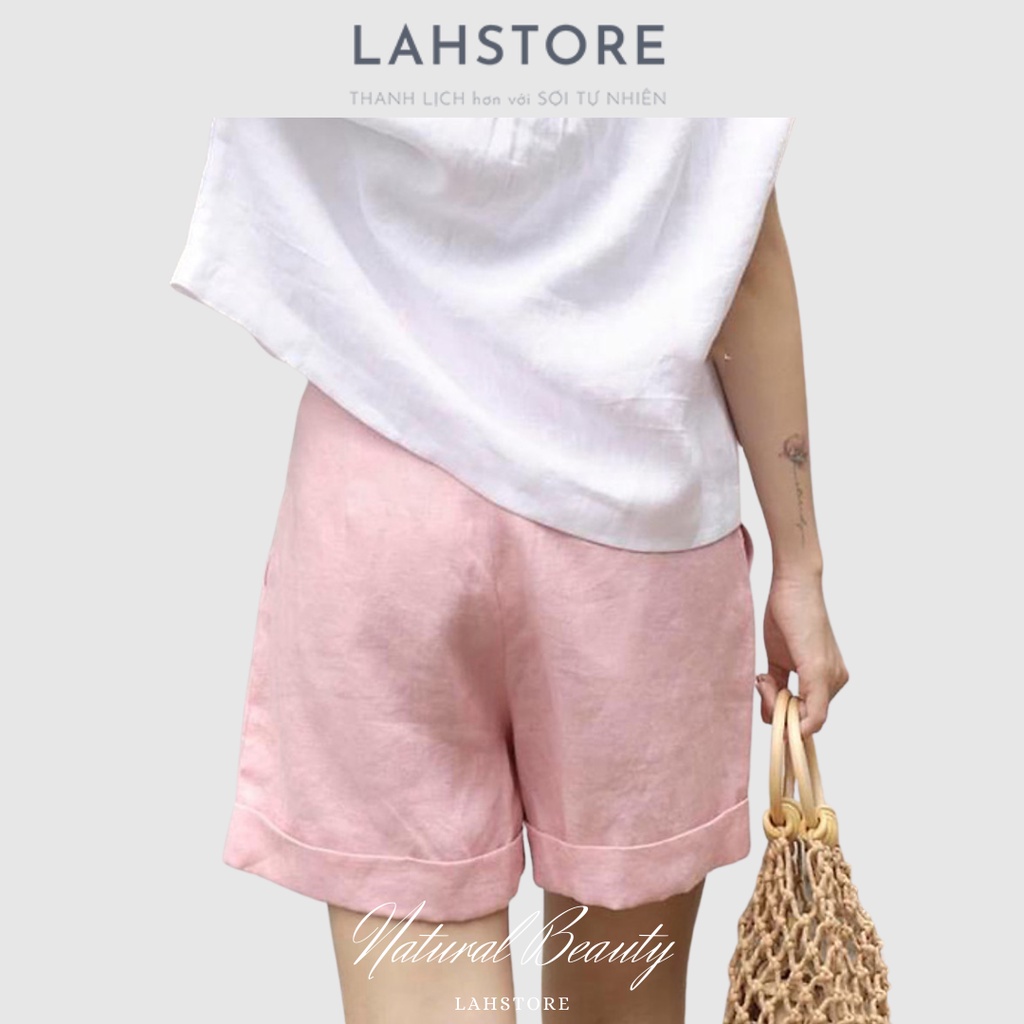 Quần đùi nữ ống rộng LAHSTORE vải linen xắn gấu lưng thun (Hồng)