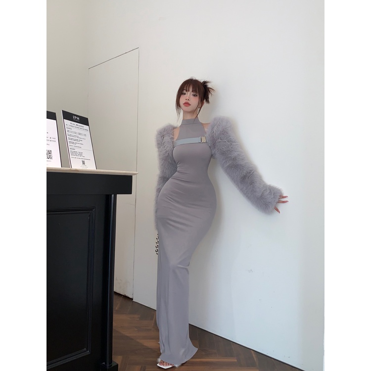 Đầm dạ tiệc, áo khoác lông, đầm hở vai, dáng dài ôm body, sexy quyến rũ, phong cách tiệc tùng mùa đông Hàn Q