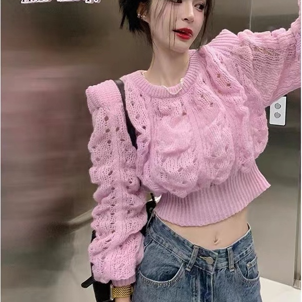 Áo kiểu SUXI dệt kim cổ tròn tay dài khoét lỗ màu sắc đơn giản thời trang cho nữ