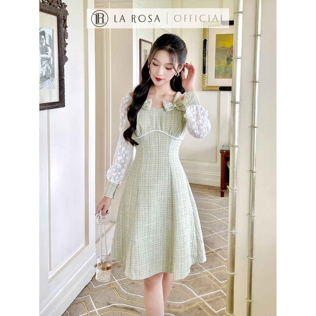 Váy Tiểu Thư Dự Tiệc Phối Tay Ren Eo Đính Ngọc LAROSA Dáng Xòe Chất Dạ Tweet Cao Cấp Dày Dặn V756