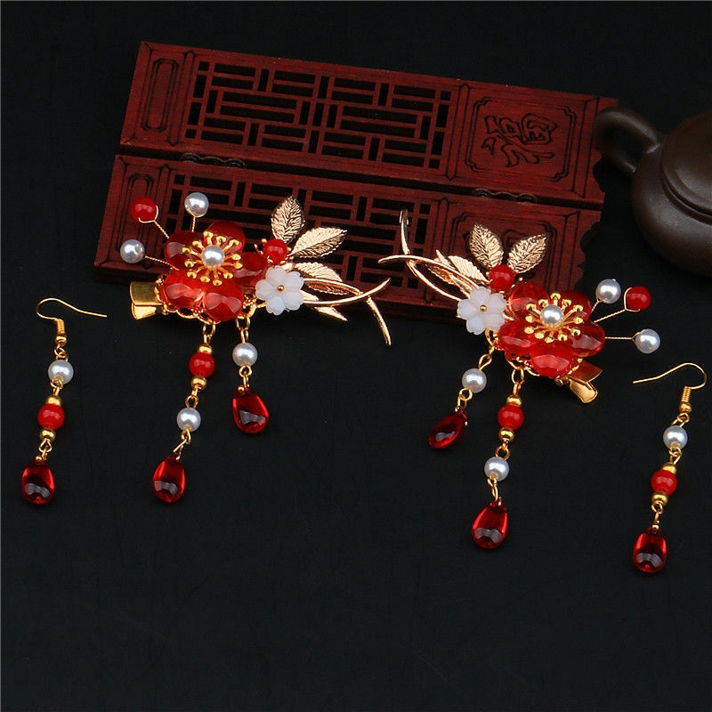 Kẹp tóc cổ trang tân nương phong cách màu đỏ